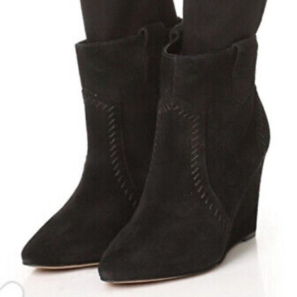 Rebecca Minkoff Black Bianca Suede Wedge Booties, Size 6.5 - Picture 2 of 12